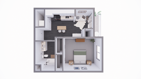 Floor plan for 1 bed, 1 bath, 557 sqft